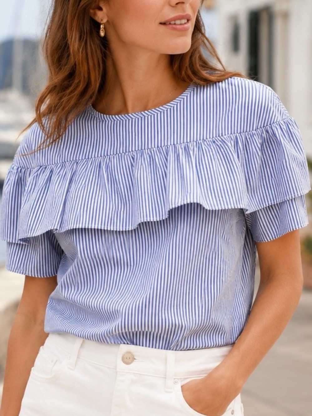 J. Crew ‘Edie’ Ruffled Cotton Short Sleeve Top in White & Blue Shifting Stripes
